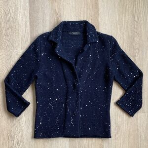 Max Mara Weekend Navy Sequin Knit Blazer Jacket Sparkle Open Front Cardigan